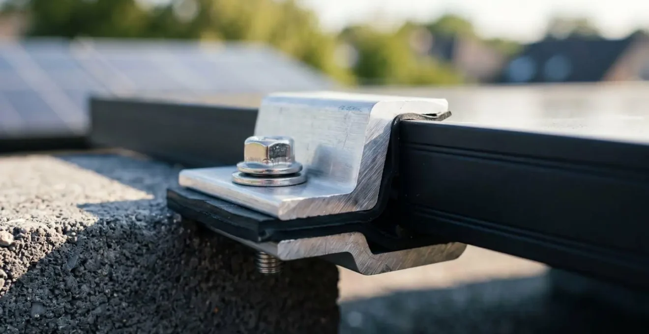 Gros plan sur une fixation lestée moderne pour panneau photovoltaïque posée sur une toiture-terrasse avec protection en caoutchouc