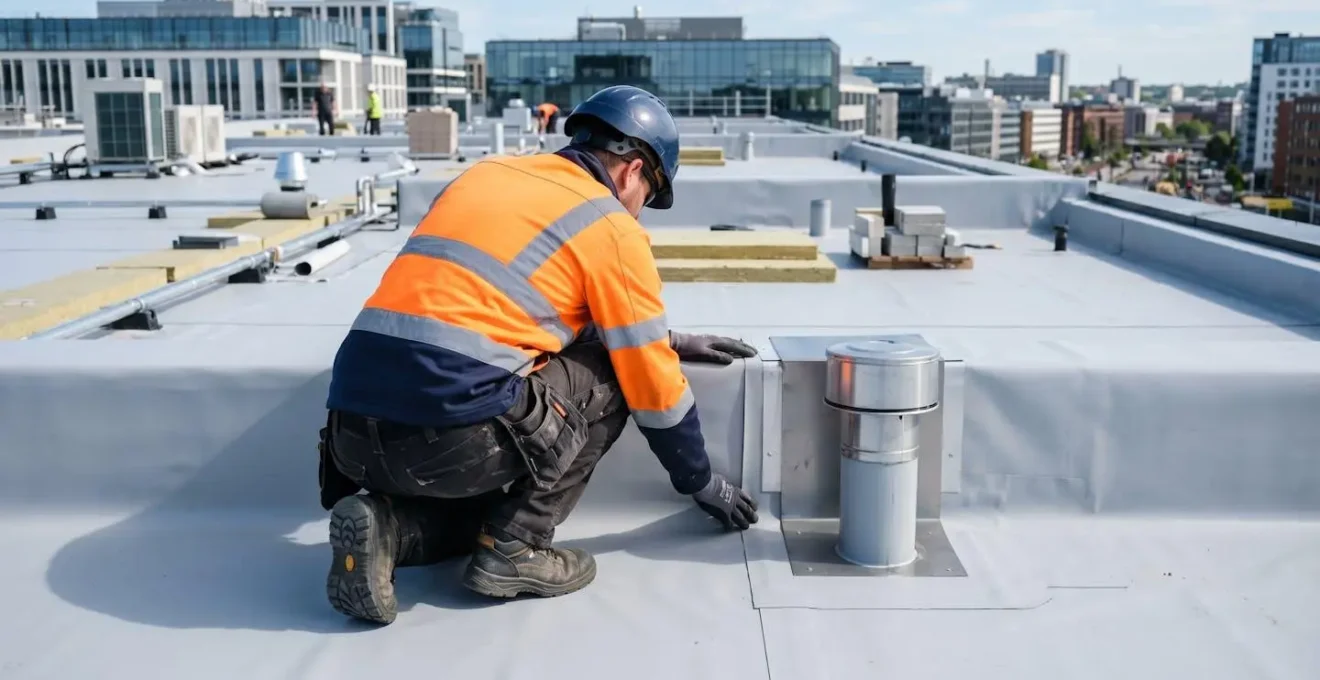 Installateur professionnel vu de dos en train de vérifier l'état d'une membrane de toiture-terrasse avant pose de panneaux photovoltaïques