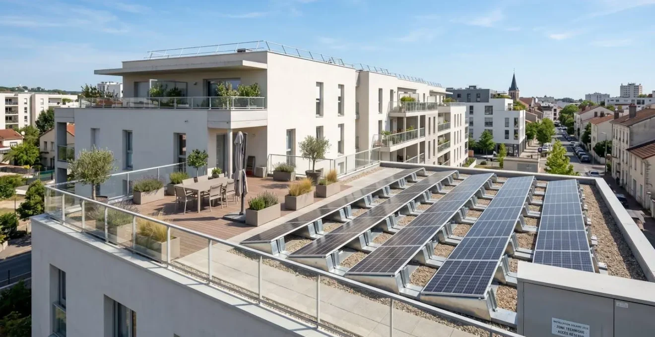 Vue d'ensemble d'une toiture-terrasse contemporaine équipée de panneaux photovoltaïques inclinés plein sud dans un quartier résidentiel français