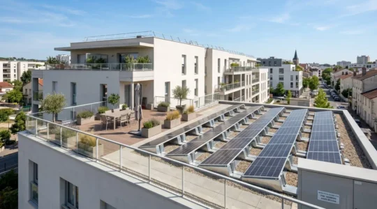 Vue d'ensemble d'une toiture-terrasse contemporaine équipée de panneaux photovoltaïques inclinés plein sud dans un quartier résidentiel français